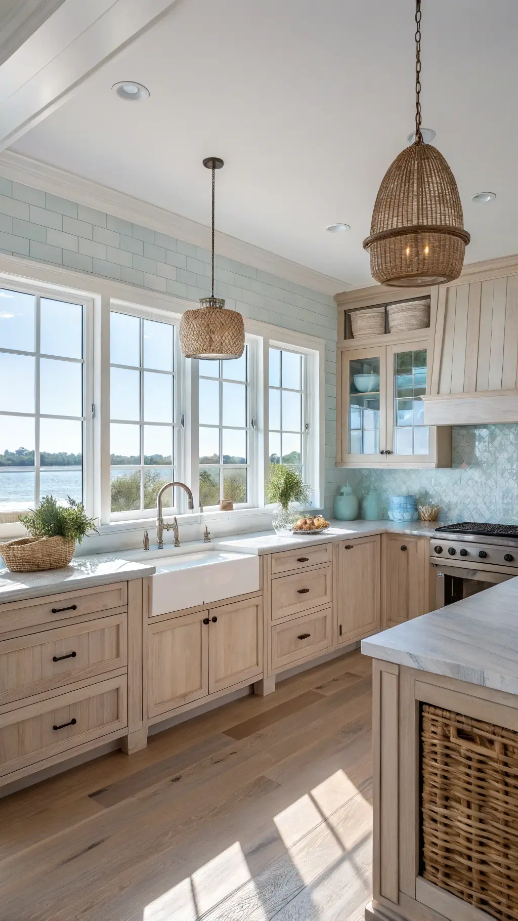 12x16ft coastal-inspired kitchen with red oak cabinets, blue glass tile backsplash, quartz counters, rattan pendant lights, and sea glass blue decor, illuminated by morning light with a waterfront view.