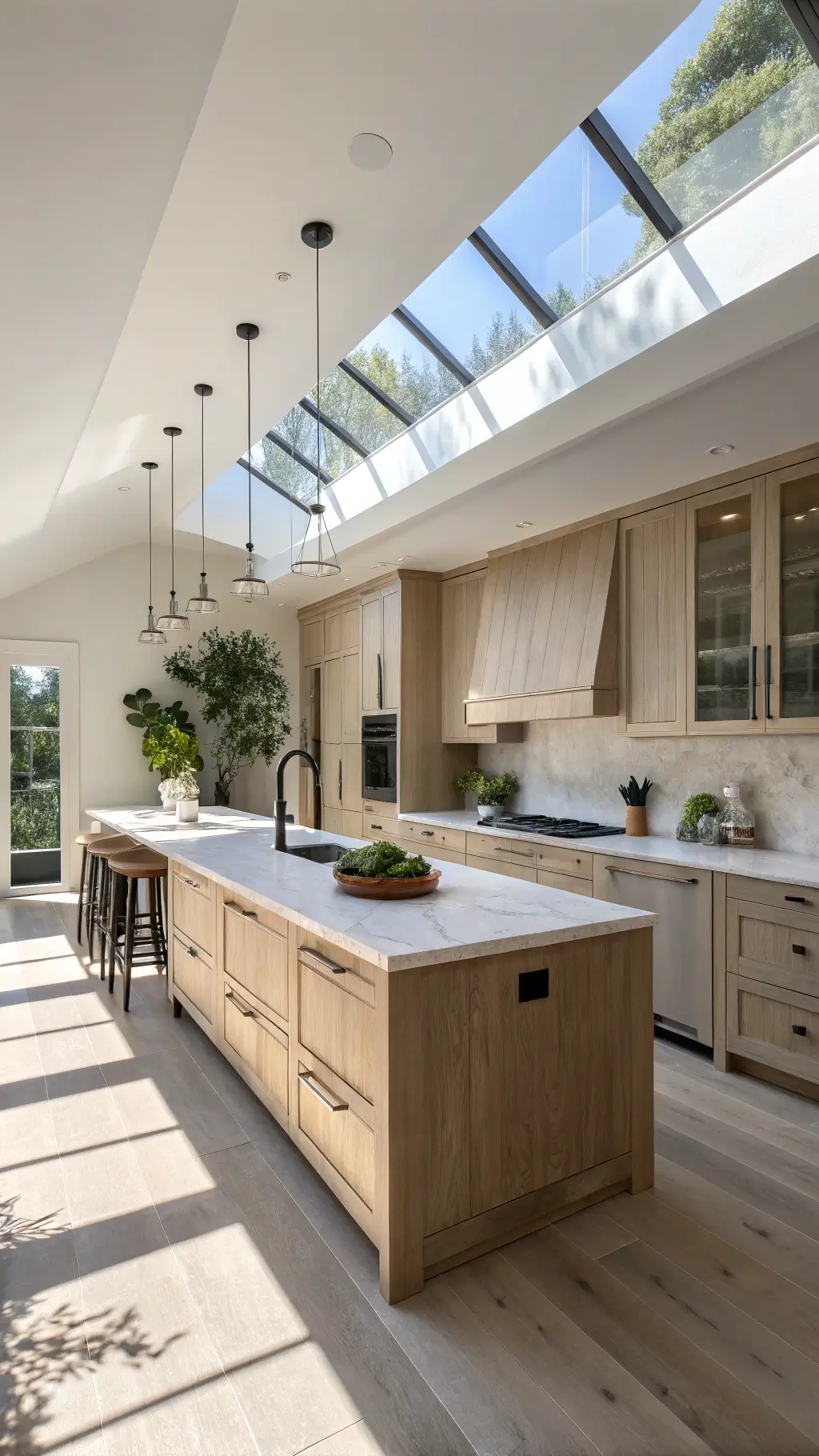 Sun-drenched, open-concept kitchen with Pale Oak cabinetry, White Dove walls, large island with creamy quartzite, matte black hardware, minimalistic ceramics, greenery, and geometric cutting boards, all under a skylight.