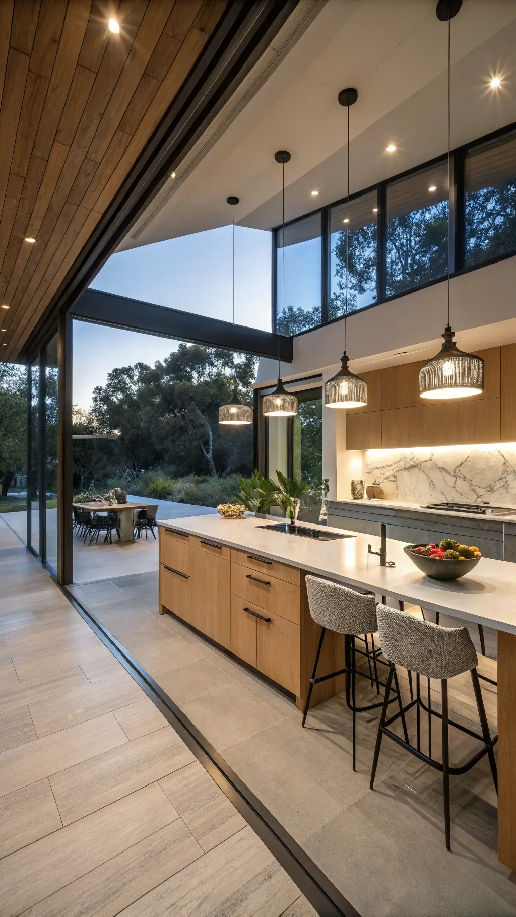 Contemporary open-concept kitchen with natural oak cabinets, black steel-framed windows, white quartz counters, pendant lights, commercial-style range, and décor including ceramics, art, and a potted fiddle leaf fig.
