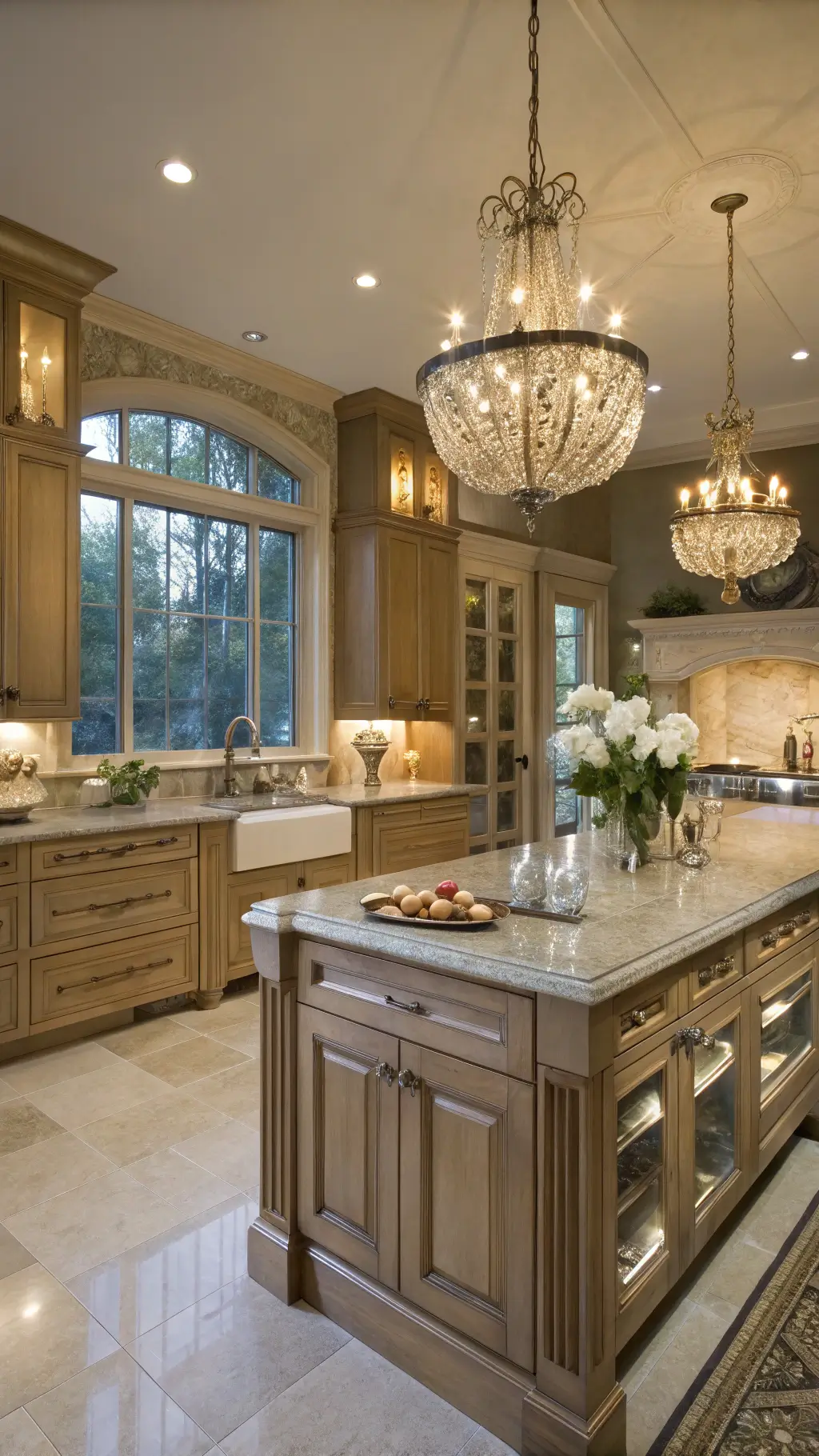 Low-angle view of a luxurious transitional kitchen at twilight, featuring oak cabinets, antiqued mirror backsplash, marble counters, a crystal chandelier, and stylish accessories in a palette of gold, cream, silver, and pale blue.
