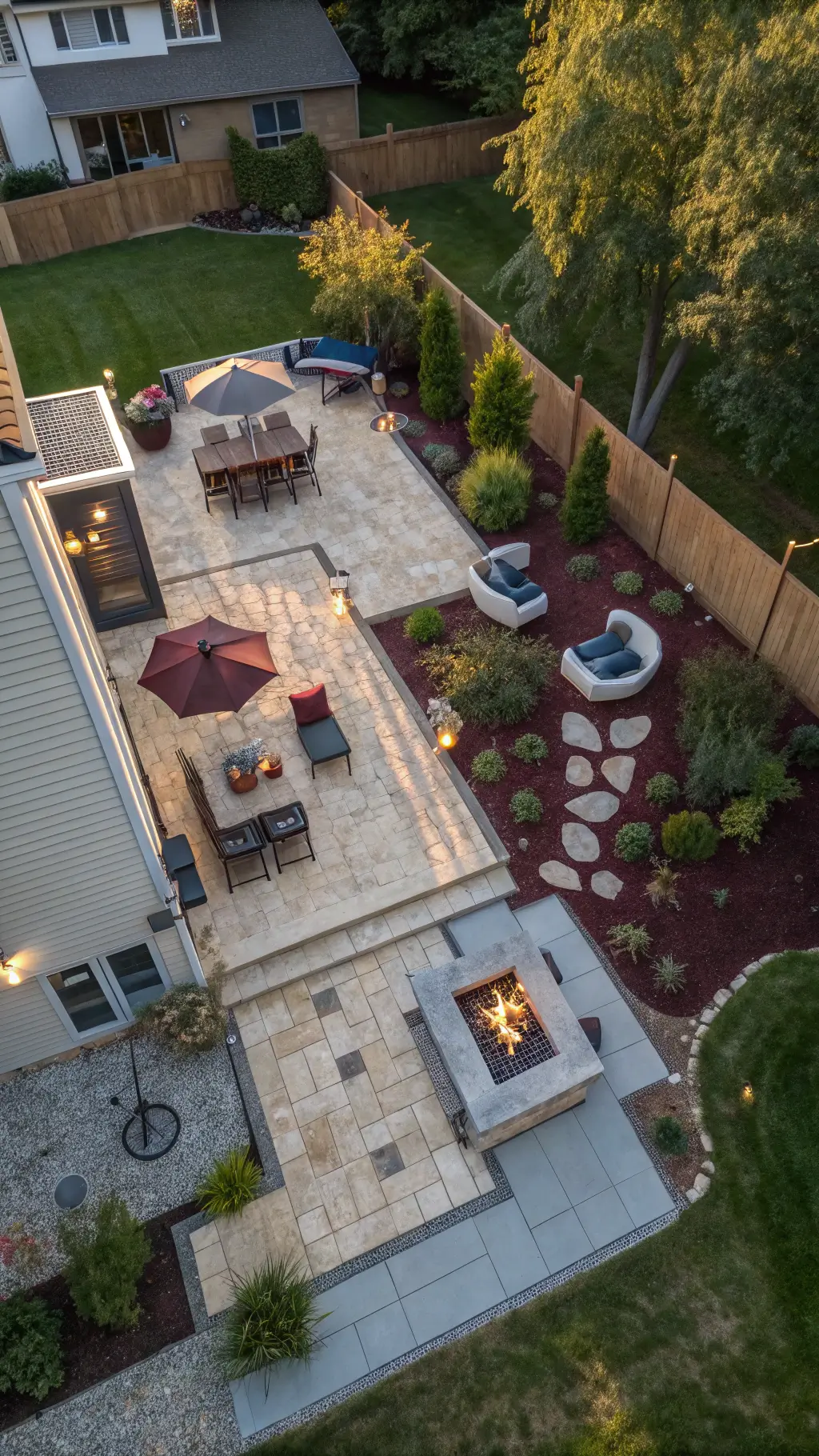 Aerial view of a spacious 30x40ft backyard divided into four distinct areas: a dining zone with travertine flooring, a lounge section with composite decking, a gravel-filled garden, and a fire pit area with flagstone ground. The backyard, captured in the late afternoon, is connected by winding stone paths, with long shadows enhancing the earth-tone palette and burgundy and navy pops from cushions in the lounge.
