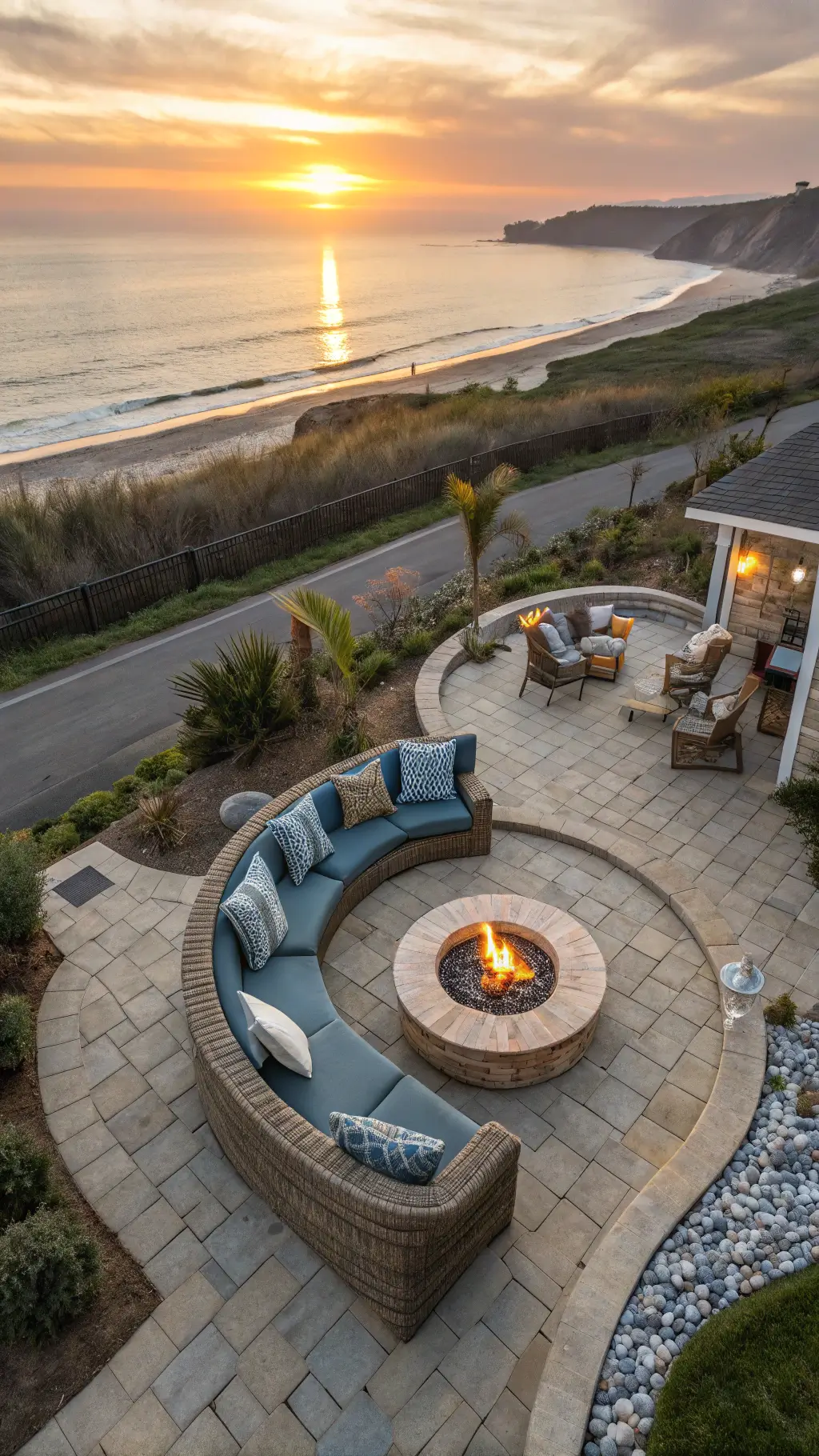 Drone view of coastal backyard featuring sunken fire pit, weather-resistant wicker sectional in ocean blue, and crushed-shell pathways with golden sunset over ocean backdrop.