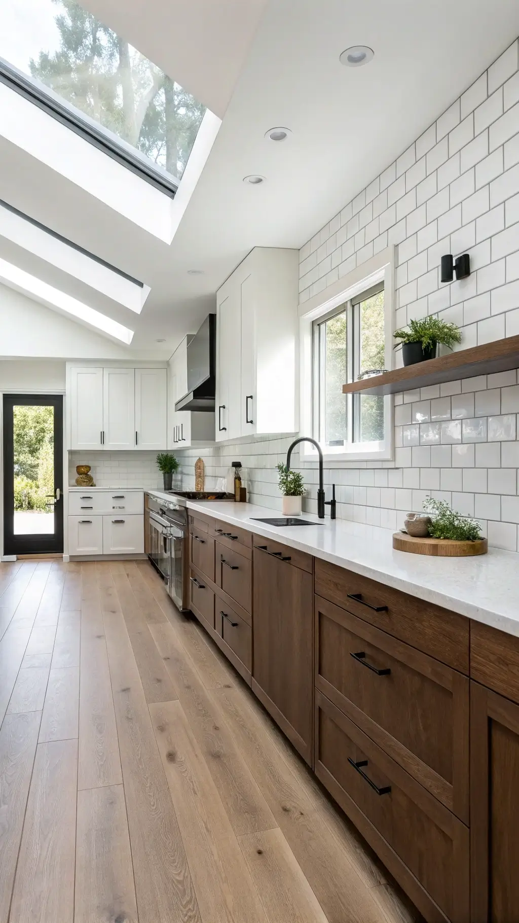 Bright midday Scandinavian-modern kitchen with walnut lower cabinets, white upper units, Carrara marble countertops, pale oak flooring, white subway tile backsplash, black hardware, skylights, and potted herbs.