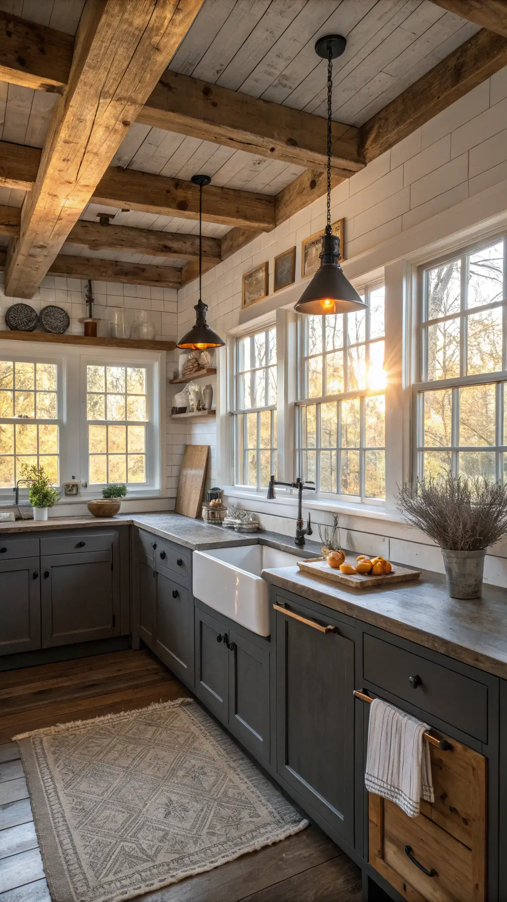 Cozy farmhouse kitchen with exposed wooden beams, charcoal-stained cabinets, soapstone counters, and rustic decor, bathed in late afternoon sunlight.