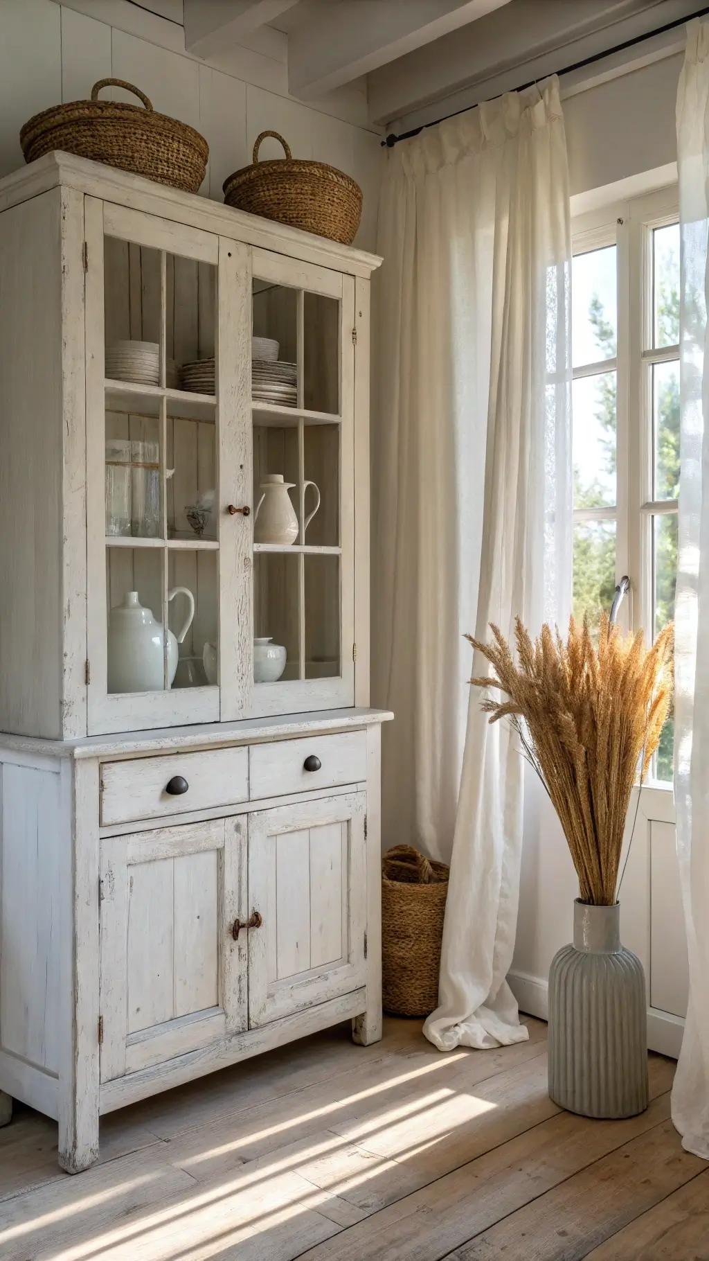 Scandinavian-inspired kitchen corner featuring vintage whitewashed pine armoire adorned with white ceramic pitchers and dried wheat stalks, bathed in soft afternoon light filtering through sheer linen curtains