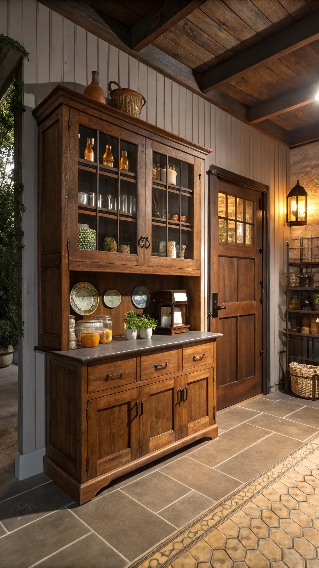 Modern-rustic kitchen featuring a vintage chestnut-toned general store cabinet, artisanal pottery, vintage scales, amber glass bottles, and dramatic evening shadows on beadboard walls, captured from a doorway perspective with a wide-angle lens.