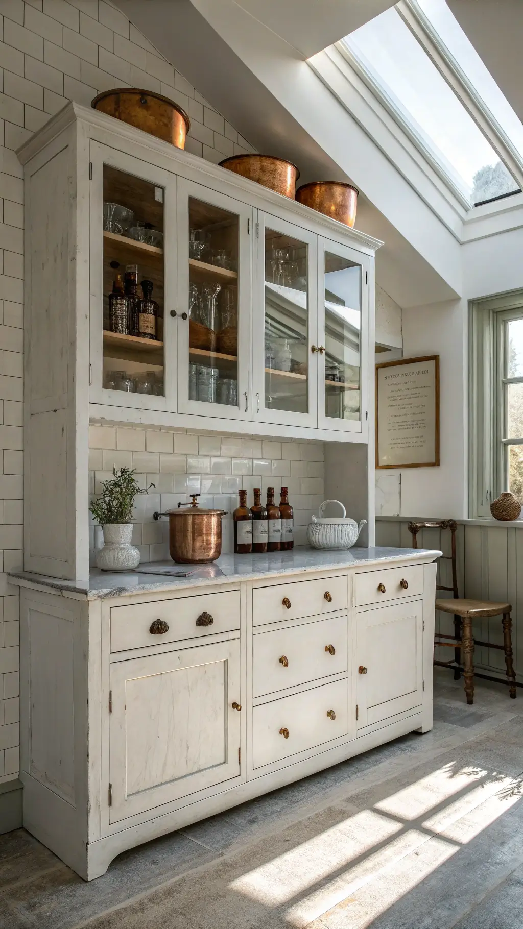 Sunlit modern farmhouse kitchen with distressed white 1900s medical cabinet styled with vintage apothecary bottles, copper vessels, and white ceramics, captured from a diagonal perspective.
