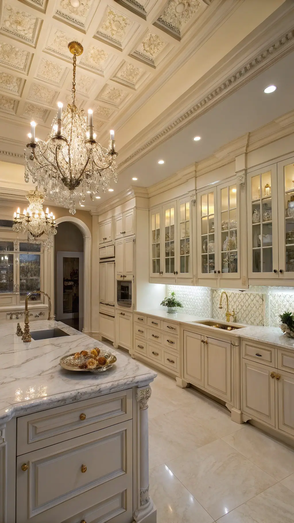 Traditional glamour-themed grand kitchen with coffered ceiling, crystal chandelier, white cabinets with gold hardware, Calacatta marble counters, glass-front cabinets displaying china, shot from the butler's pantry entrance.