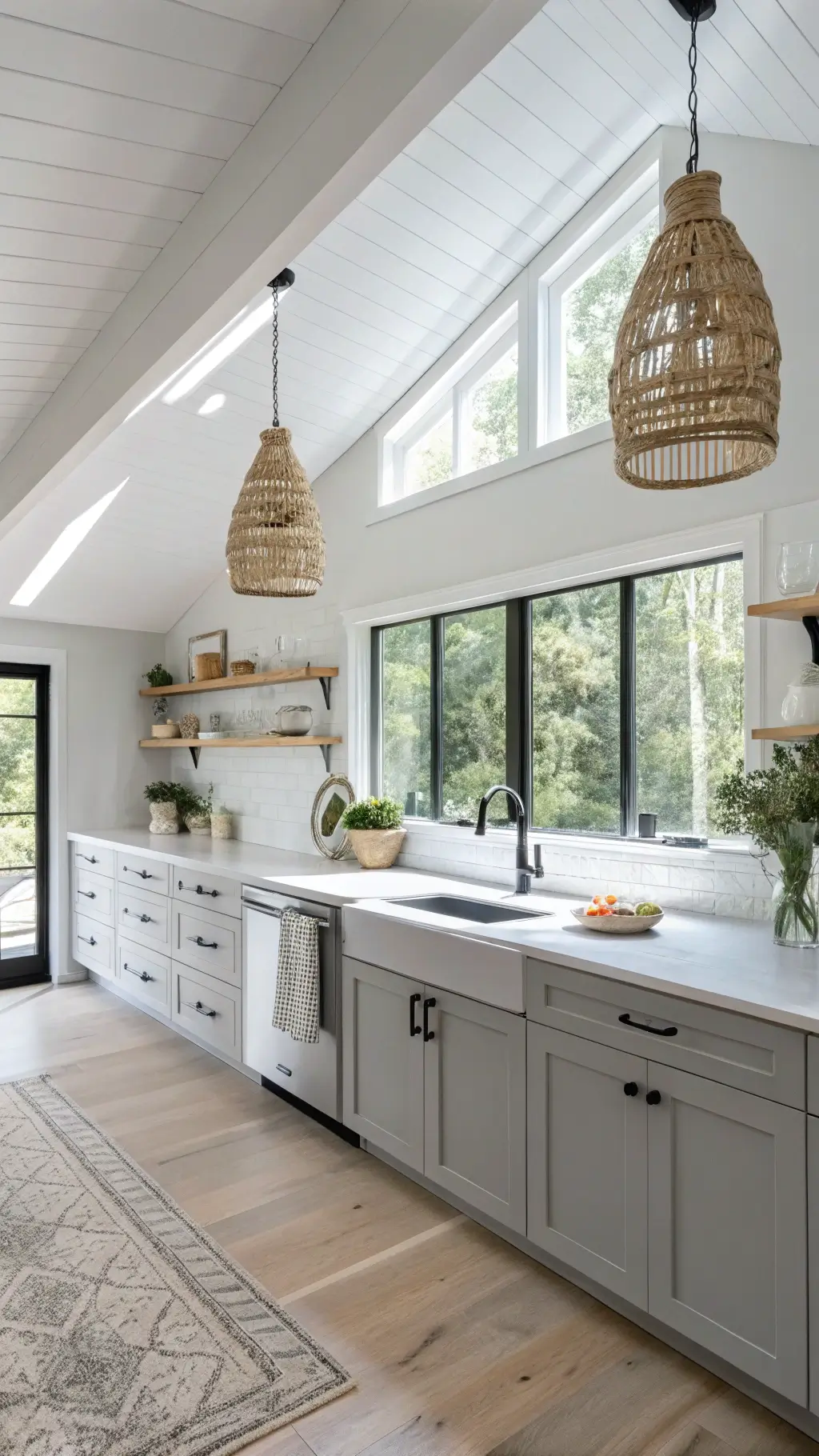 Bright and airy 13x14ft Scandinavian-inspired kitchen with vaulted ceiling, soft dove grey cabinets, white quartz countertops, pale ash wood floors, black metal window frames, woven light fixtures, and botanicals in white ceramic vessels.