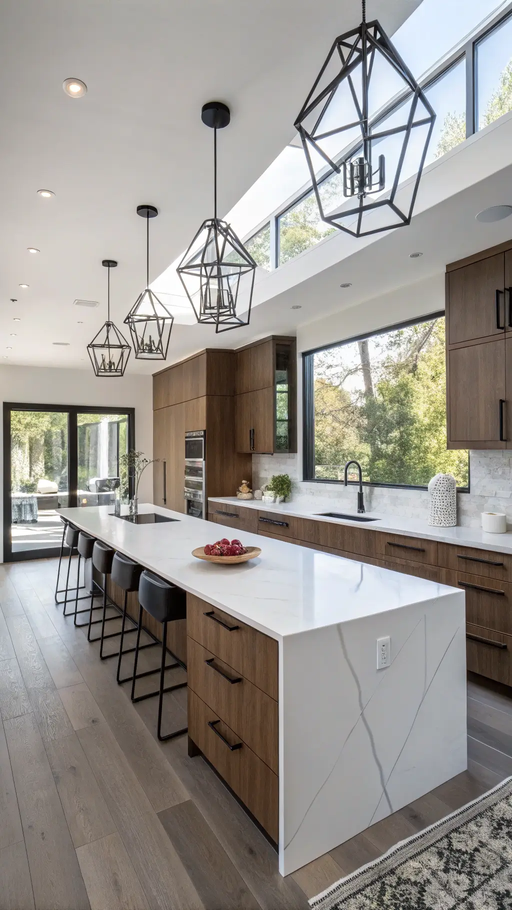 Overhead view of a modern minimalist 14x16ft kitchen with walnut flat-panel cabinets, white quartz surfaces, geometric pendant lights, and matte black hardware, bathed in soft afternoon light.