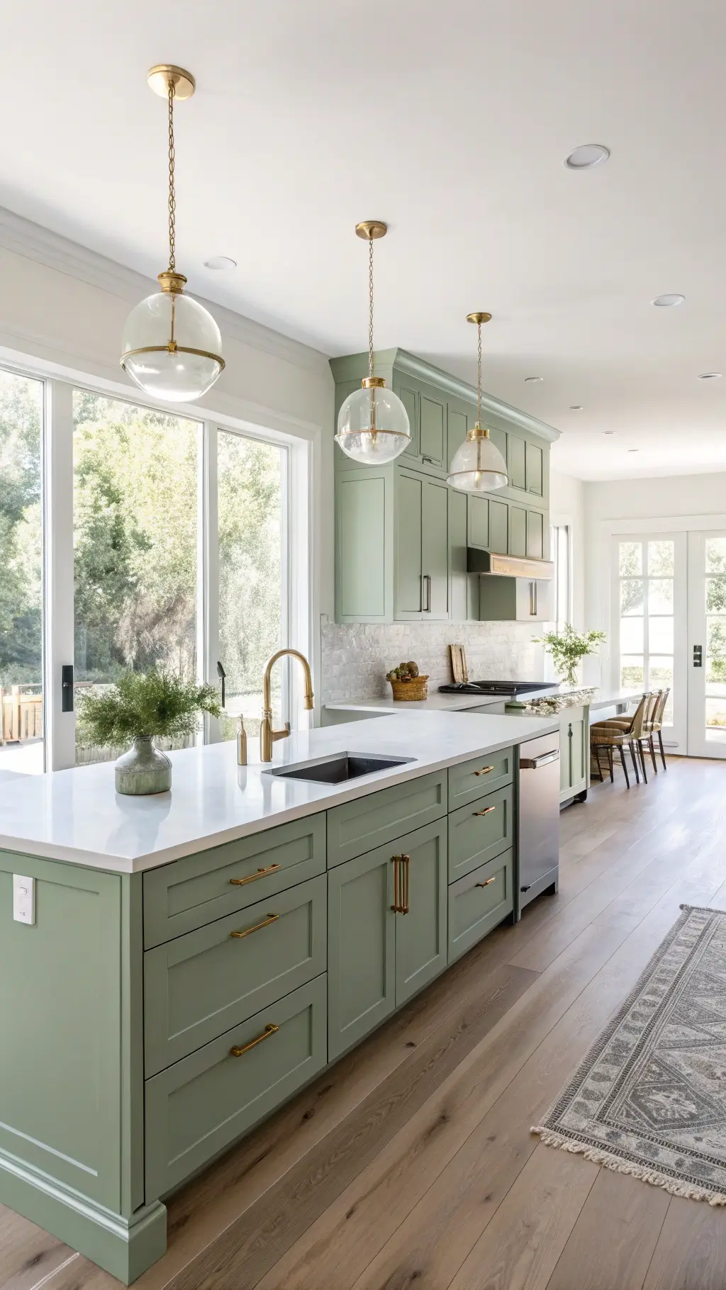 Bright and spacious modern kitchen with sage green cabinets, white quartz waterfall countertops, brass finishes, and a centered island, illuminated by morning sunlight through large windows.