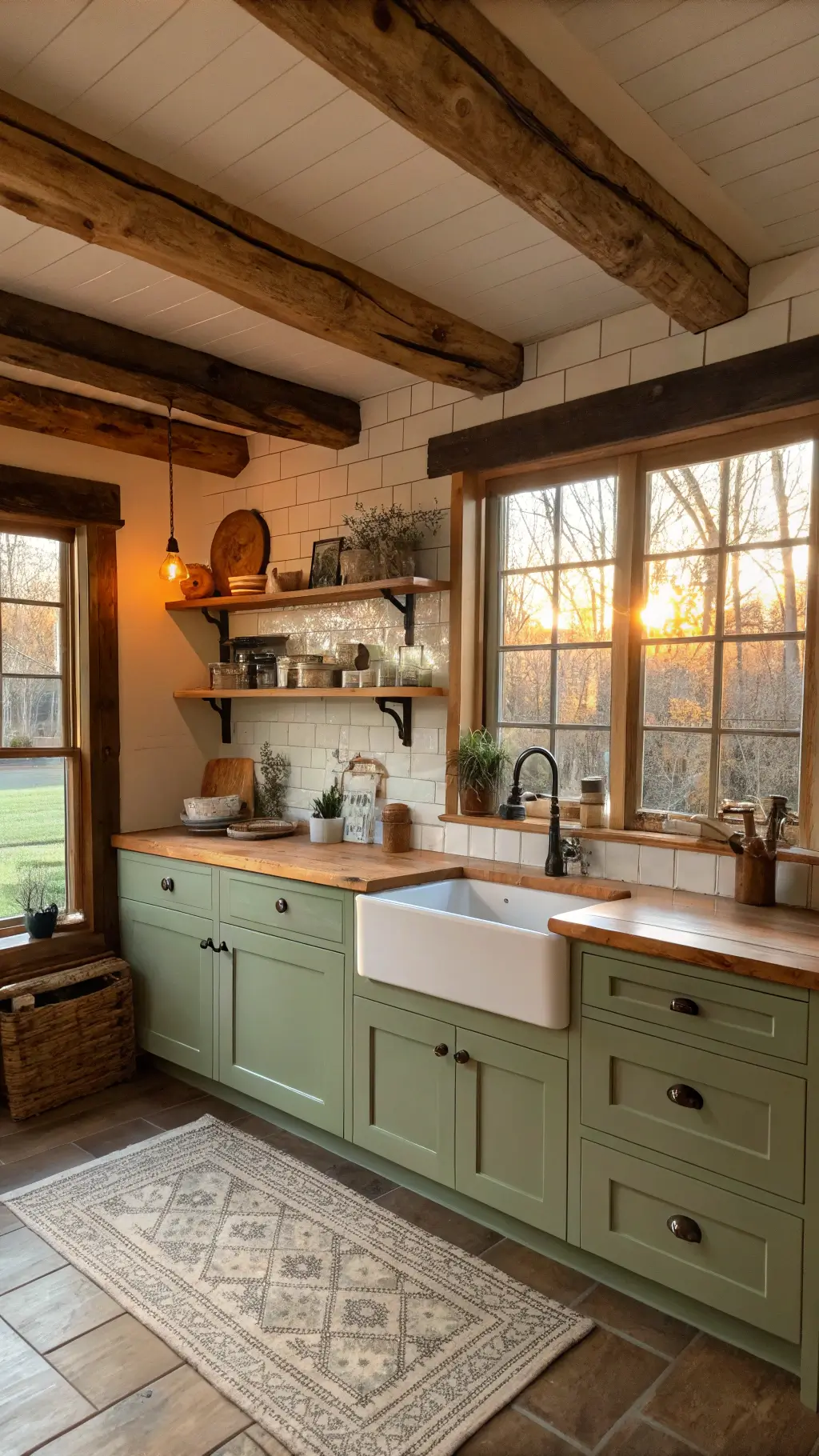 Cozy farmhouse kitchen with exposed wooden beams, sage green cabinets, butcher block countertops, white subway tile backsplash, open shelving with pottery, and a farmhouse sink under vintage-style windows lit by warm golden hour light.