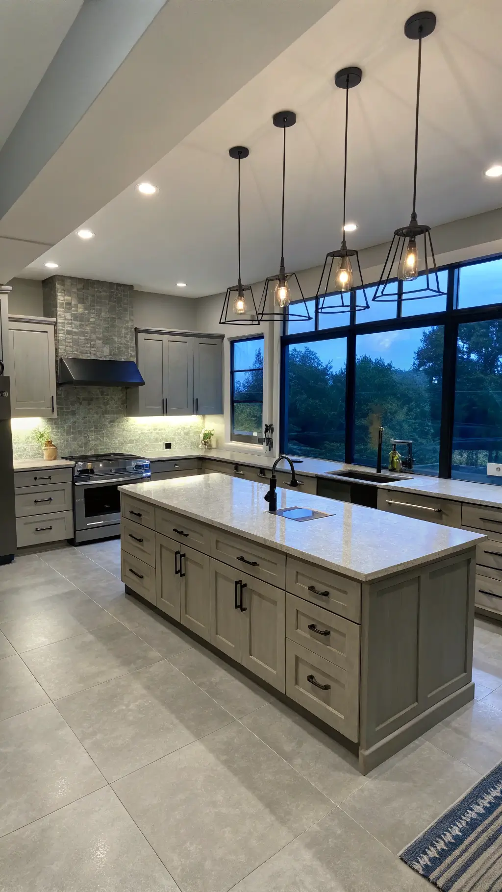 High-angle view of a contemporary L-shaped kitchen with sage-colored cabinets, polished concrete countertops, minimal decor, geometric pendant lights, and terrazzo flooring, illuminated by twilight blue lighting through floor-to-ceiling windows.