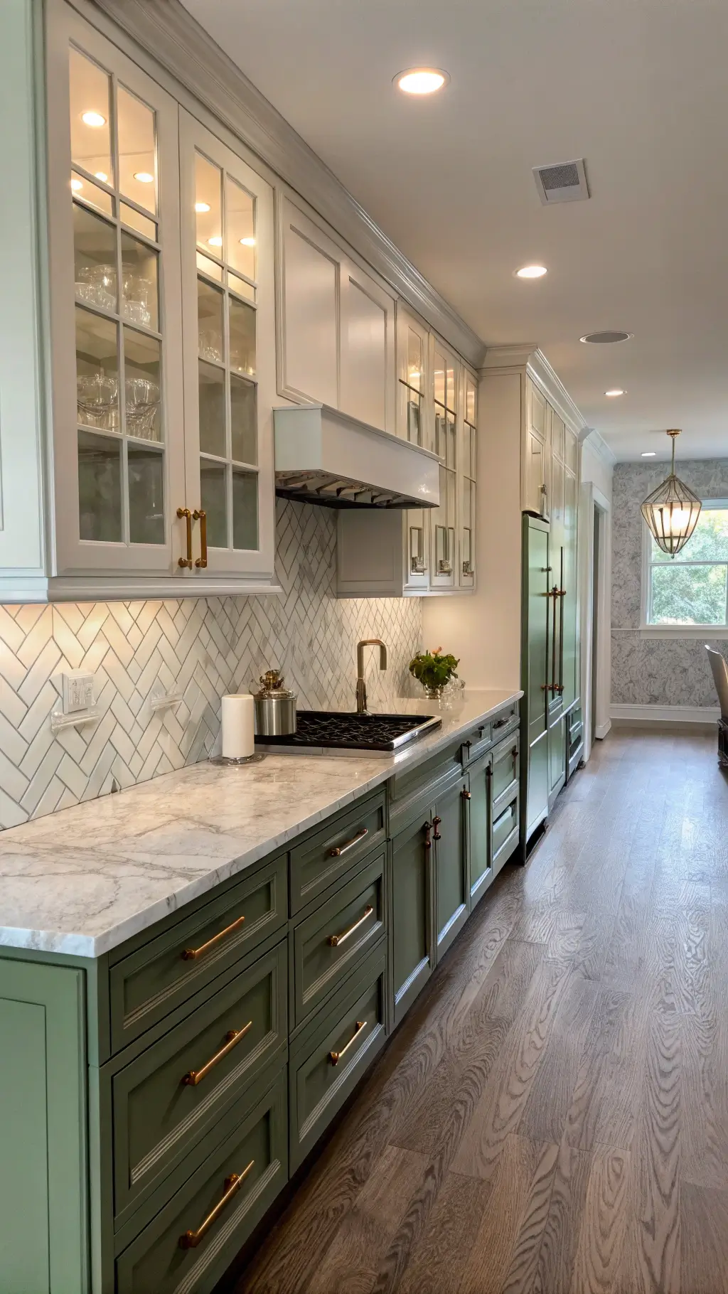 Transitional galley kitchen with sage green lower cabinets and white upper cabinets, marble countertops, mixed metal finishes and herringbone tile backsplash under soft natural light