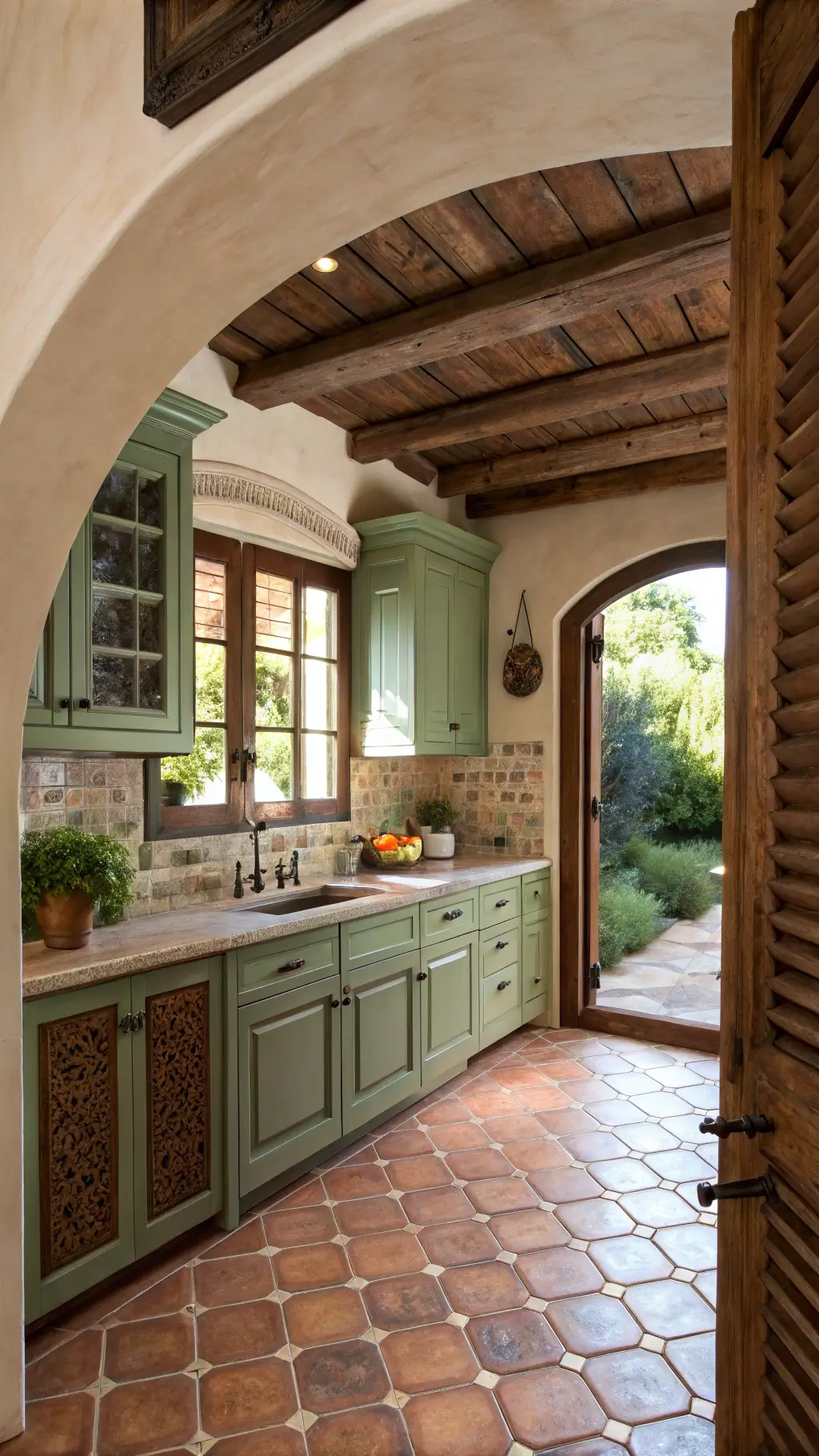 Mediterranean-inspired kitchen with sage green arched cabinets, limestone countertops, terra cotta floor tiles, copper fixtures, rustic wooden beams, and herb garden in window, bathed in mid-day diffused light through wooden shutters
