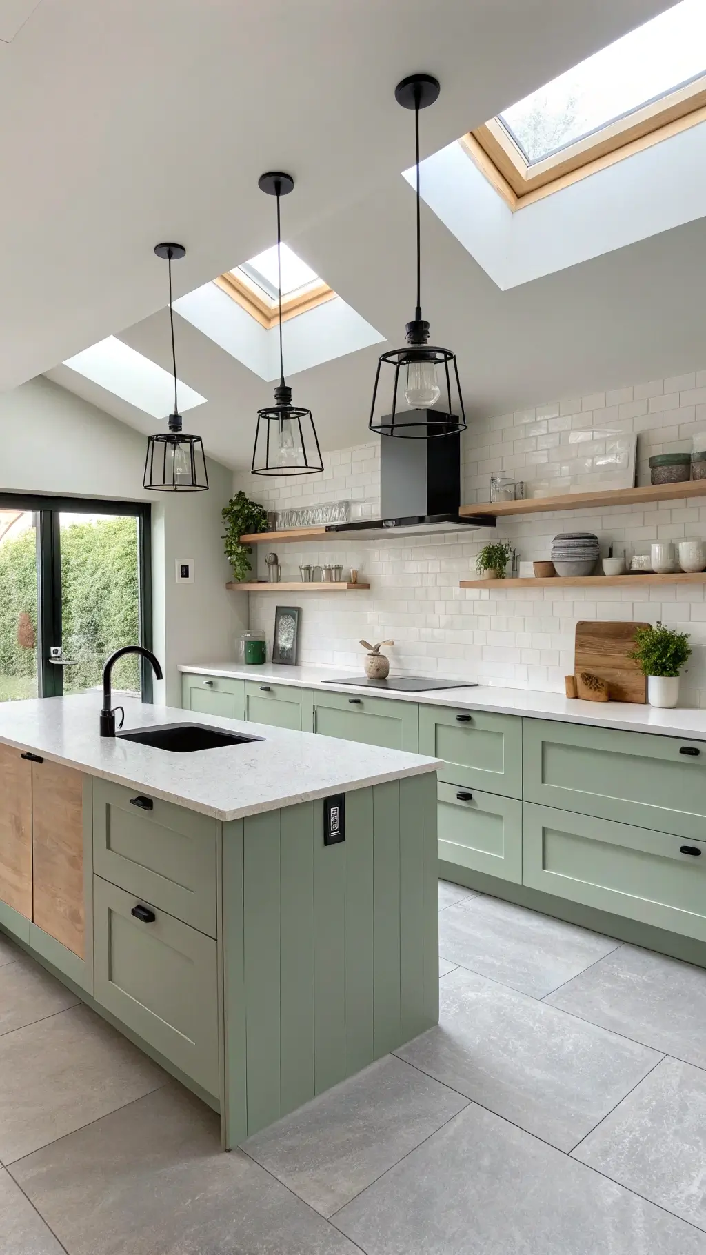 Scandinavian minimal kitchen featuring sage green flat-panel cabinets, white oak floating shelves, matte white countertops, and geometric pendant lights, bathed in early morning light through a skylight.