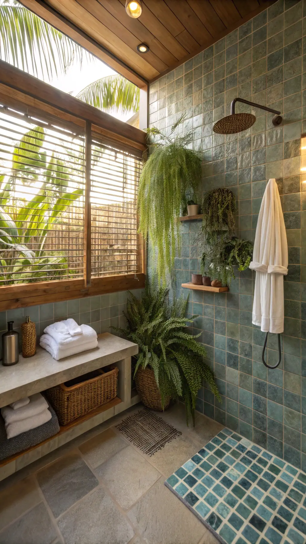 Eco-friendly bathroom lit by late afternoon light through bamboo shades, featuring a living wall of plants, recycled glass tile mosaic, and smart fixtures with floating shelves.
