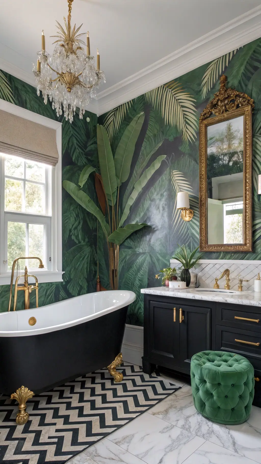 Artistic bathroom with tropical wallpaper, black clawfoot tub with gold feet, crystal chandelier, ornate gilt mirror, herringbone marble tile floor, emerald green ottoman, and brass étagère filled with curiosities, displaying dramatic light and shadow contrasts.