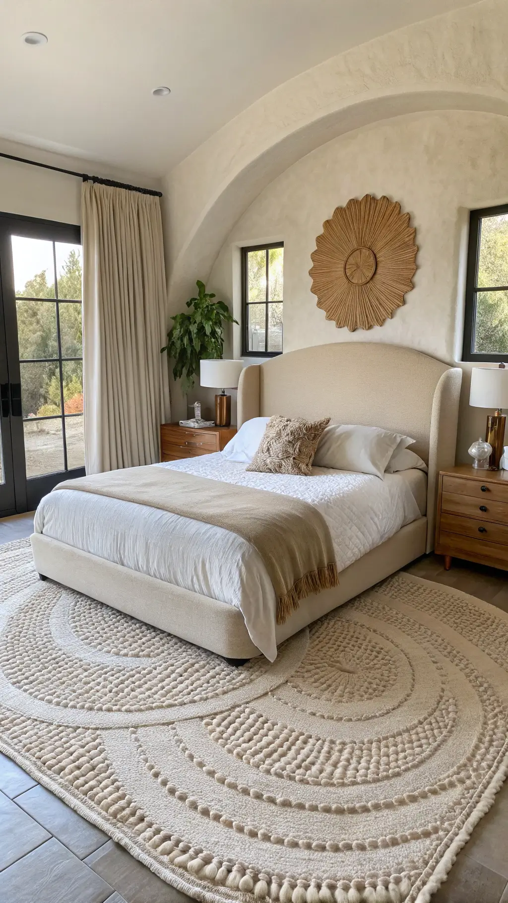 Overhead view of a texture-rich 15x17ft bedroom with cream bouclé headboard, clay wall finish, handwoven wool rug, oak furniture, and pleated linen drapery, bathed in morning light.