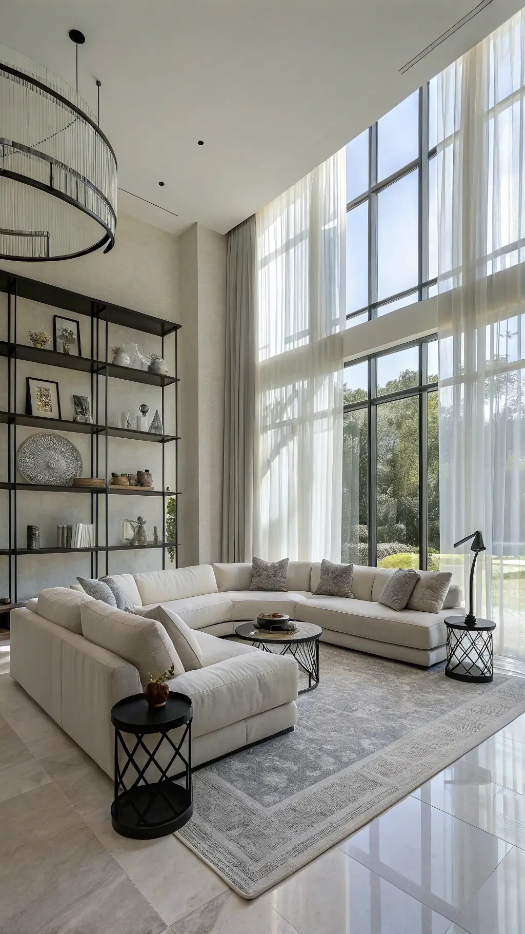 Open-concept living area with grey curved sectional sofa, geometric marble side tables, black metal floor lamps, and monochromatic objects on built-in shelves, illuminated by natural light through sheer curtains.