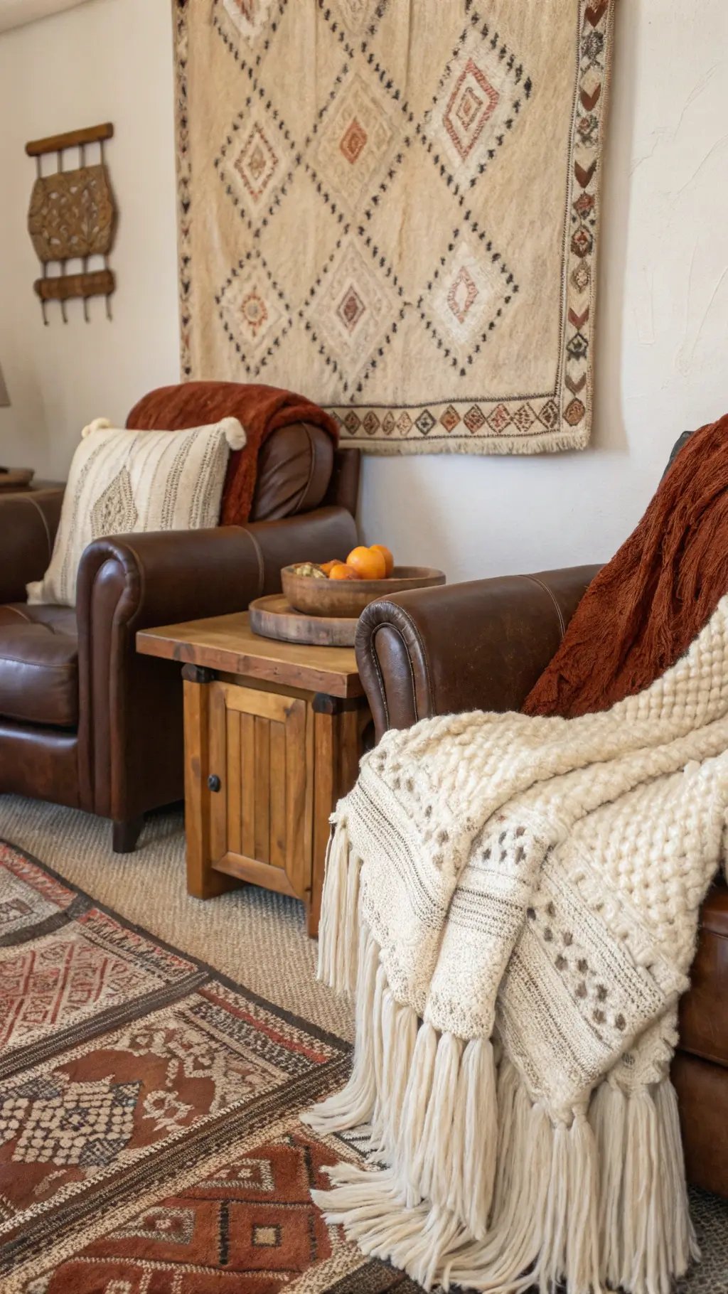 Cozy 15x18ft sitting room with chunky knit throws on leather club chairs, velvet pillows, handwoven wall tapestry, wooden side tables, and layered vintage Moroccan rugs, illuminated by soft, diffused northern light.