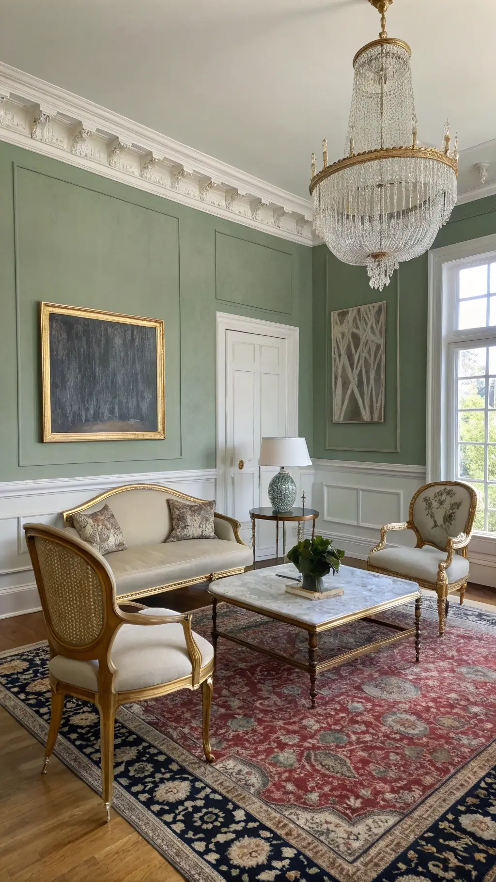 Elegant living room combining classic and contemporary style with antique Persian rug, Louis XVI chairs, a marble coffee table, a sleek steel floor lamp, crystal chandelier, and green walls with white trim, highlighted by morning light.