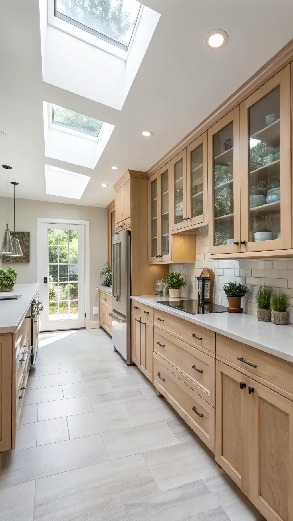 Bright transitional kitchen showcasing light maple cabinets, glass-front display units, integrated appliances, white ceramics, and potted succulents under skylight illumination, with the color palette of blonde maple, brushed nickel, white quartz, and pale gray walls.