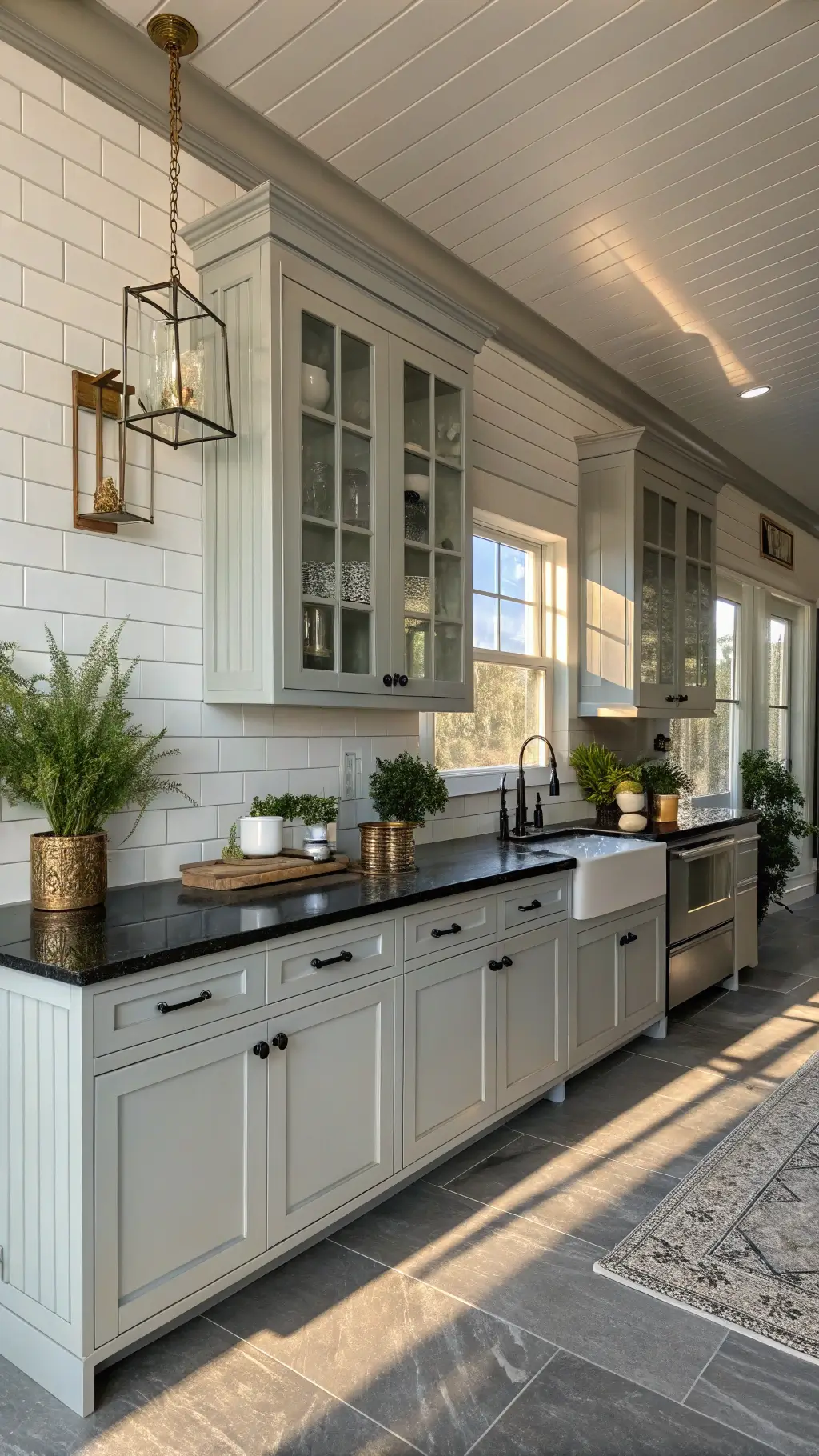 Modern farmhouse fusion kitchen with light grey cabinets, honed black granite counters, and white subway tile. Styled with vintage finds and greenery, featuring mixed metals, and shiplap accent wall captured during golden hour.