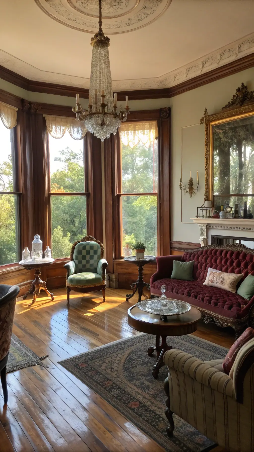 Vintage Victorian parlor with hardwood floors, ornate molding and eclectic furniture, bathed in late afternoon light streaming through bay windows.