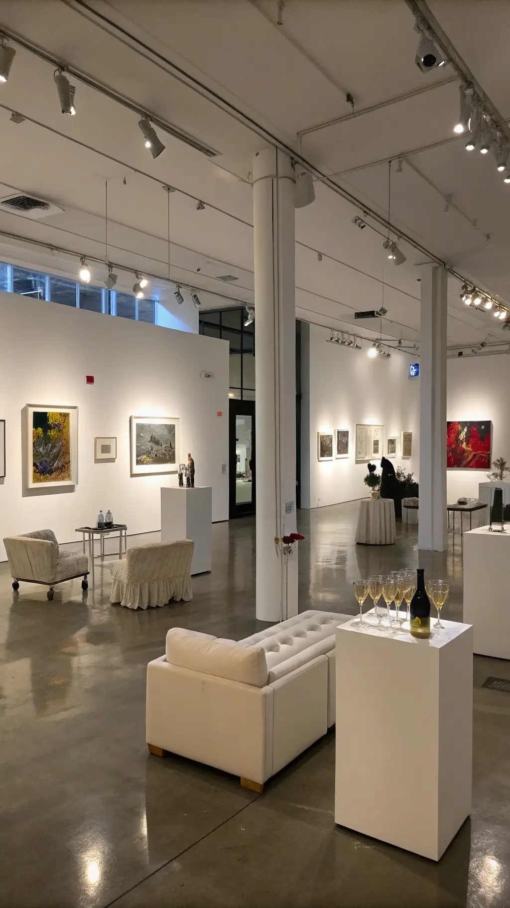 An evening scene at a contemporary art museum cocktail soirée, with strategic spotlighting on artwork, modern lounge furniture arranged in intimate clusters, and Lucite bar cart stations with champagne towers.