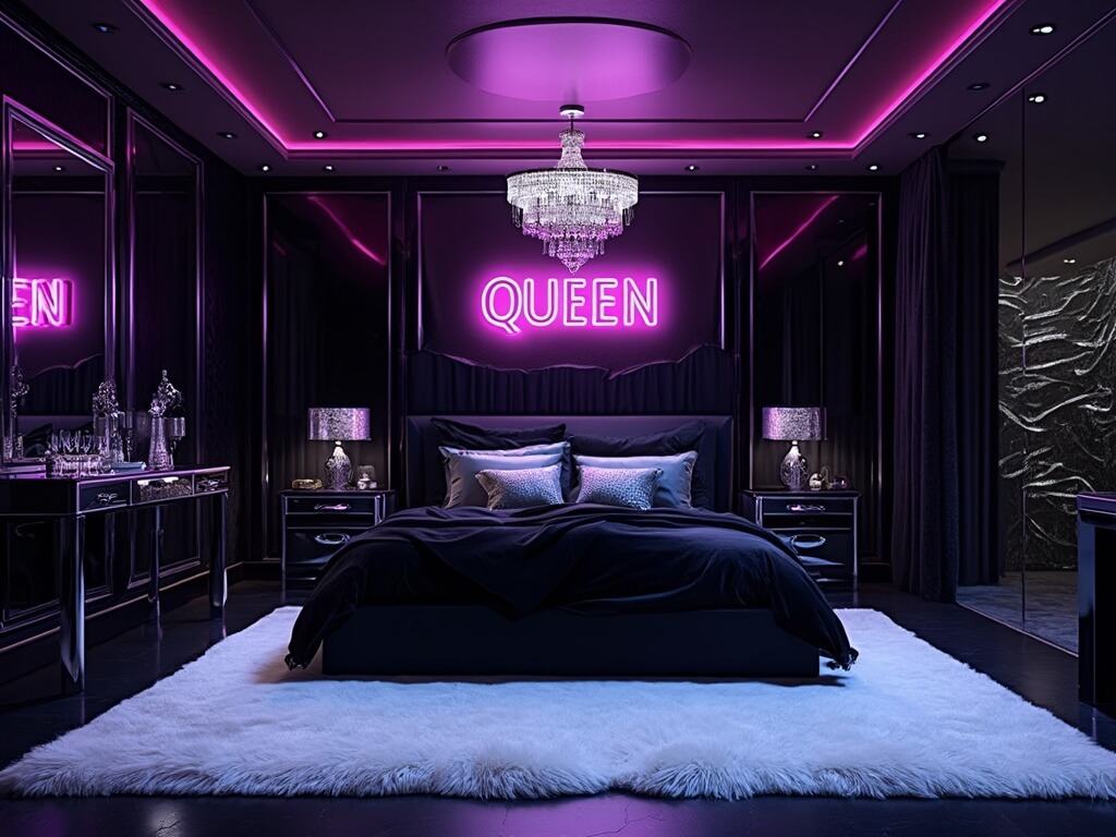 "Luxurious noir-themed bedroom with black velvet king-size bed, purple LED lighting, mirrored walls, and pink neon 'QUEEN' sign"