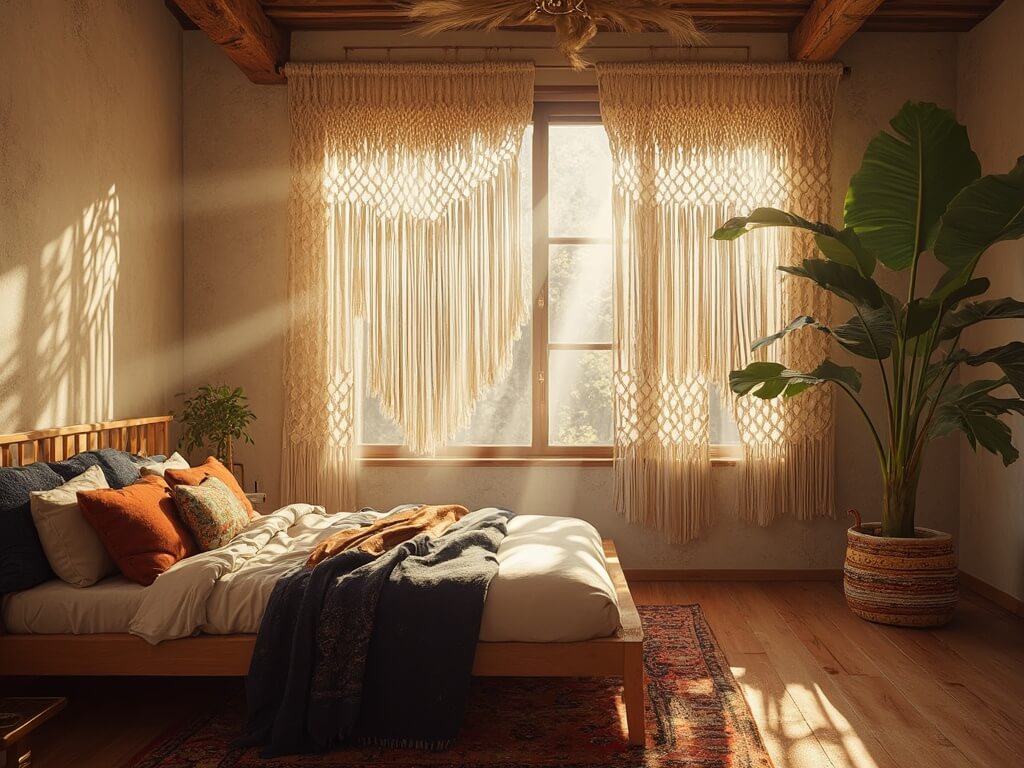 "Bohemian bedroom with golden sunlight filtering through macramé curtains, low-profile rattan bed with vintage decor, and large monstera plant."