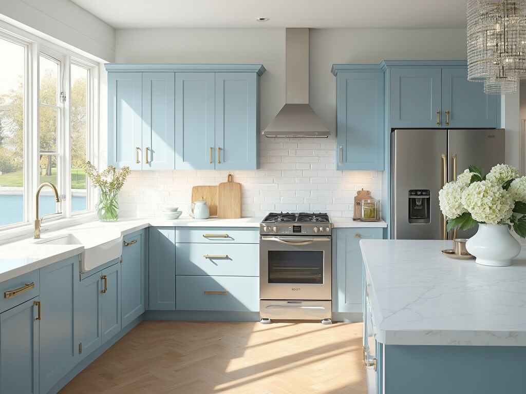 "Light blue Shaker-style kitchen with white marble countertops, quartz waterfall island, and stainless steel appliances bathed in morning light"