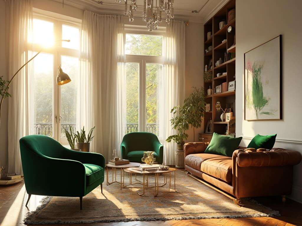 "Contemporary luxe living room with emerald green accent chairs, cognac Chesterfield sofa, brass lamp, Persian rug, white walls featuring modern art, and herringbone wood floors bathed in golden hour sunlight"
