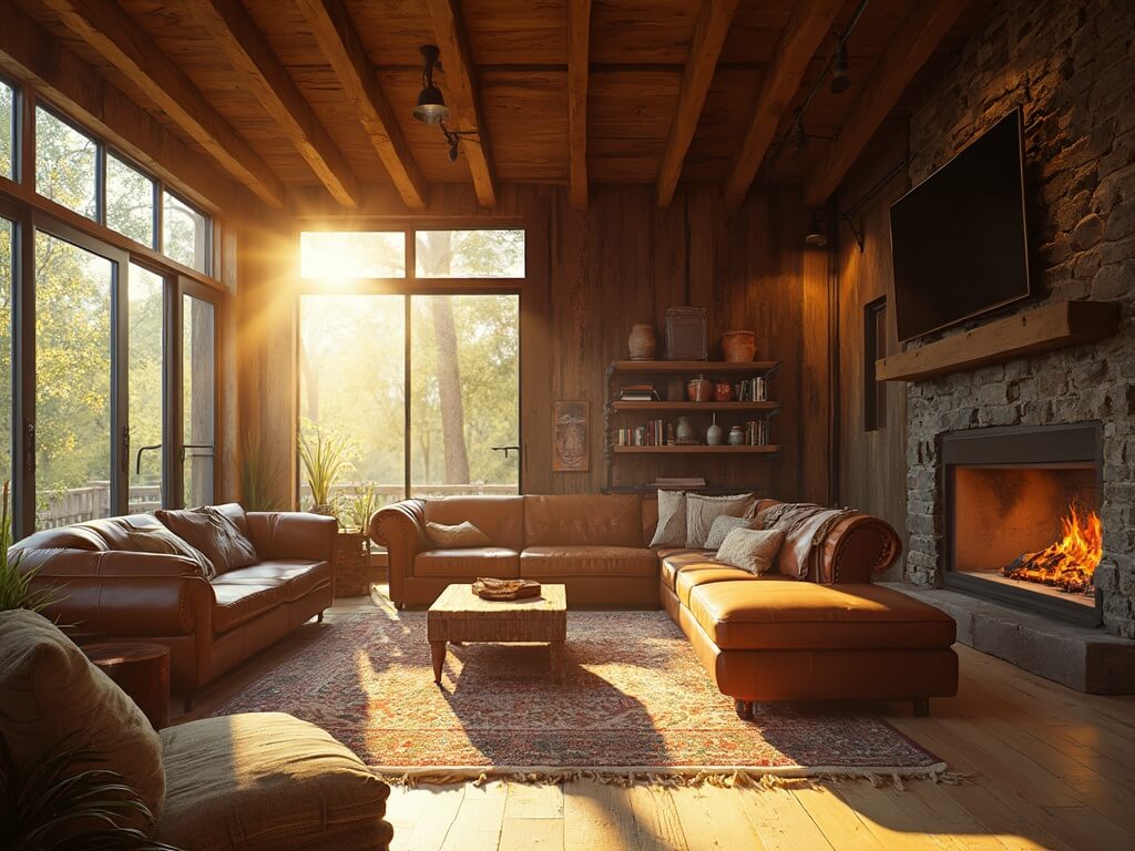 "Interior shot of rustic modern cabin living room with leather Chesterfield sofa, stone fireplace, black industrial shelving, reclaimed wood walls and cedar beams, with sunlight streaming through large windows"