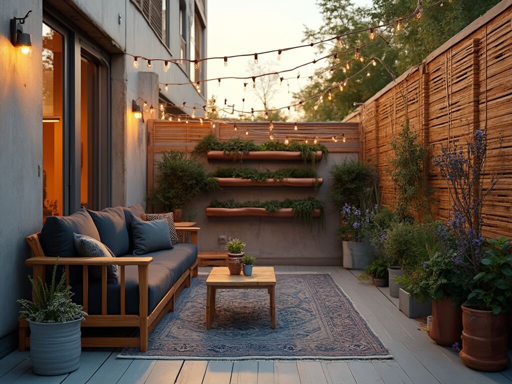 "Cozy urban patio with teak wood bistro set, vertical succulent garden and string lights during golden hour"