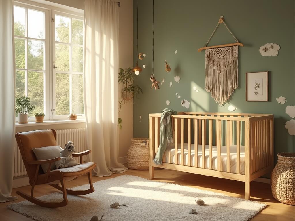 "Woodland-themed nursery with oak crib, sage green accent wall, and earth-toned accents during golden hour"