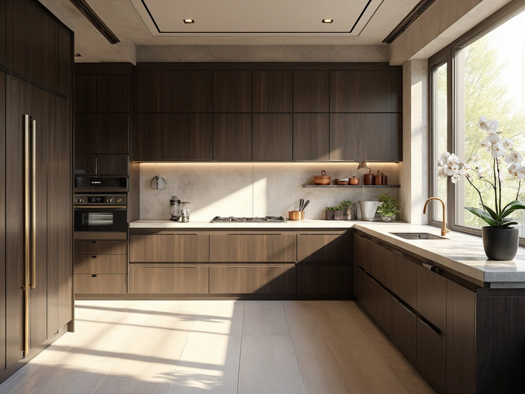 "Luxurious modern kitchen with dark stained cabinets, Calacatta marble countertops, floor-to-ceiling windows, brass pendant lights, and white oak floors, captured in golden hour light"