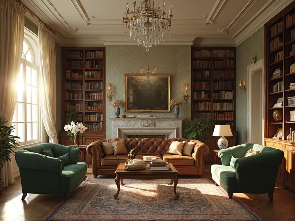 "Elegant heritage living room interior with vintage furnishings, mahogany bookshelves, and sunlight streaming through Georgian windows at golden hour."