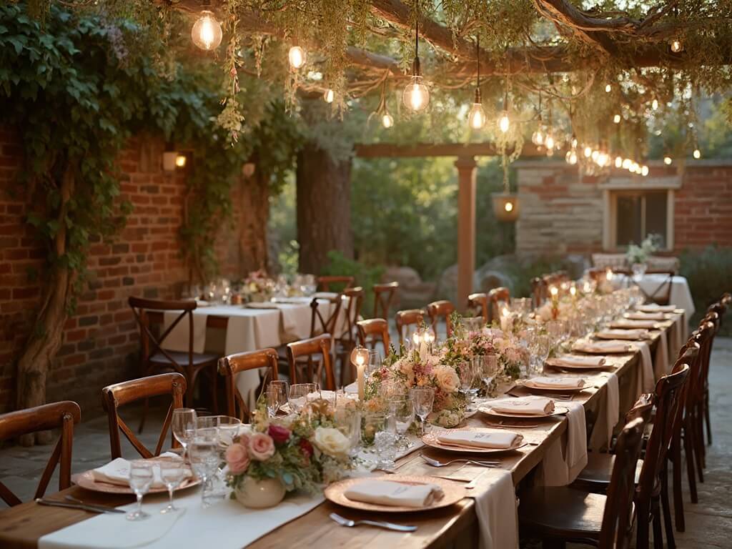 "Romantic garden terrace wedding setup at golden hour, with weathered brick walls draped in ivy, wooden tables, vintage chairs, crystal stemware catching the sunlight, and Edison bulb lighting."