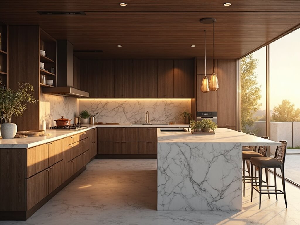 "Luxurious dark oak kitchen with marble countertops and brass accents, bathed in warm sunlight"