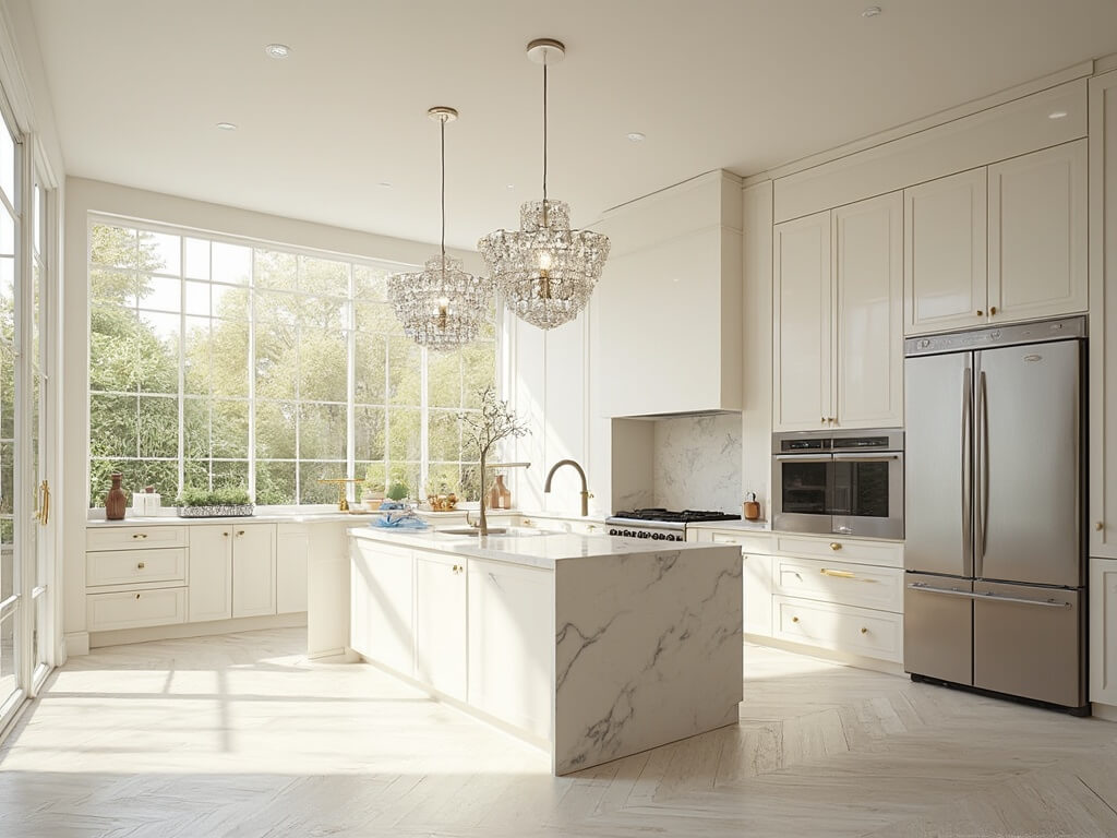 "Modern luxury kitchen with alabaster white cabinets, Carrara marble island, professional appliances, and brushed gold hardware, bathed in soft morning light"