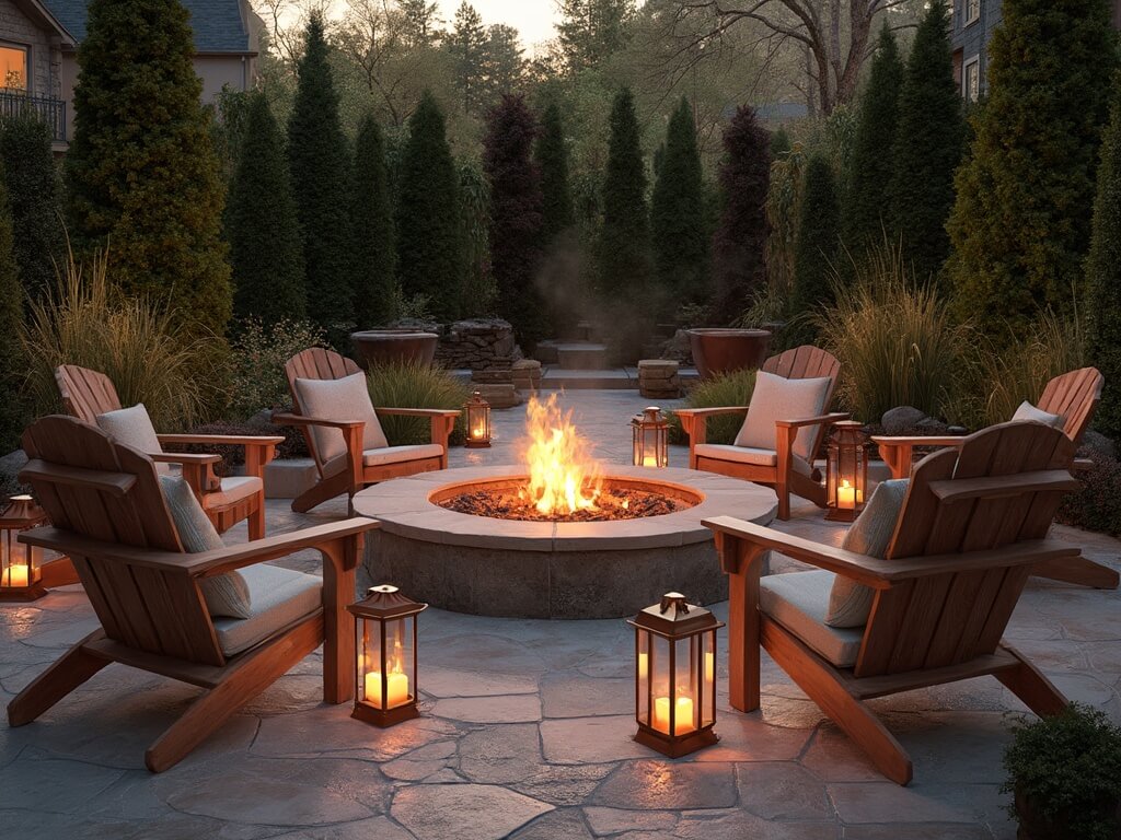 "Elegant backyard sanctuary with circular Pennsylvania fieldstone fire pit and teak Adirondack chairs at twilight, illuminated by warm copper lanterns"