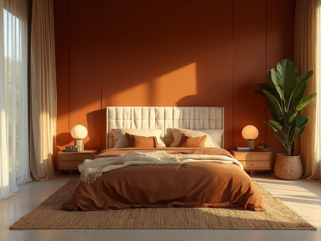 "Luxury modern bedroom with terracotta walls, cream bouclé headboard, caramel and ivory linens, brass reading lamps, and minimalist oak furniture during golden hour"