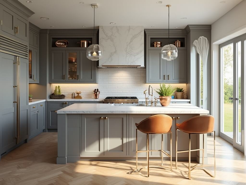 "Luxurious modern kitchen with two-tone grey cabinets, carrara marble countertops, herringbone oak floor, natural sunlight, crystal pendant lights, stainless steel appliances and marble-topped island"
