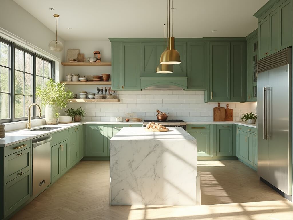 "Luxury modern kitchen with sage green cabinets, marble island, stainless steel appliances, and abundant natural light"