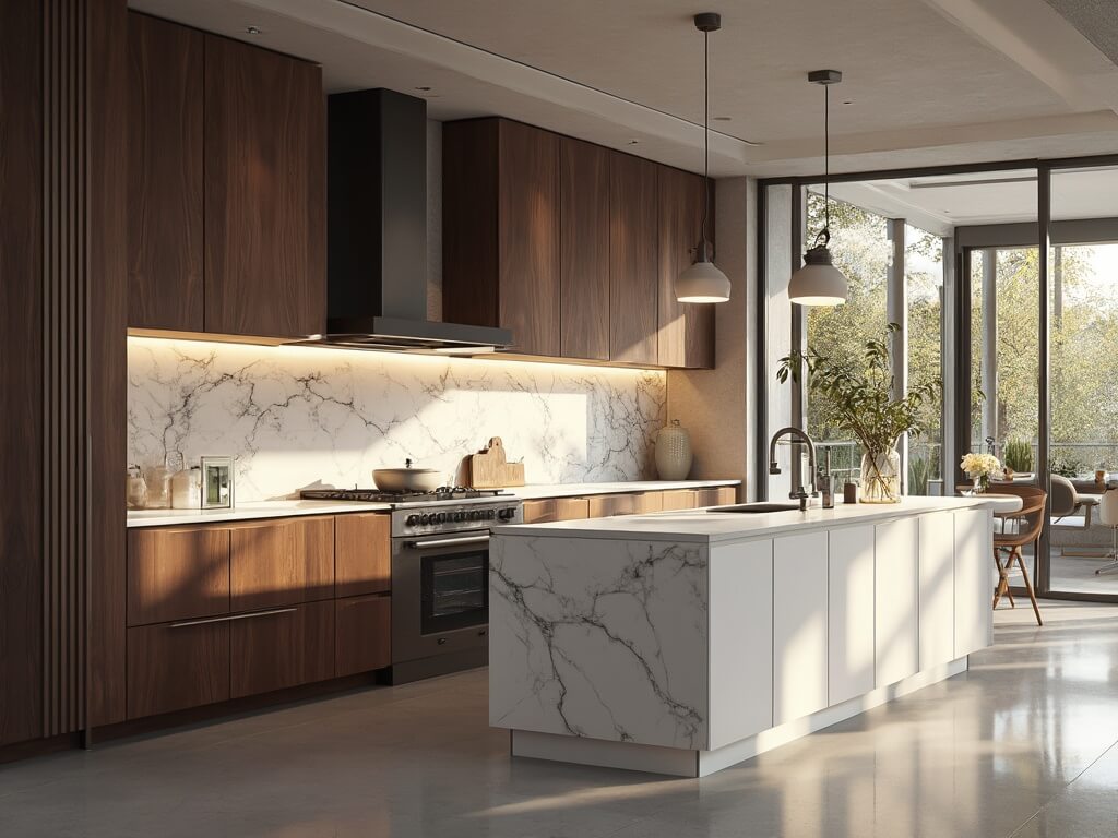 "Luxurious modern kitchen with dark walnut cabinets, white quartz countertops, stainless steel appliances, and dramatic pendant lighting"