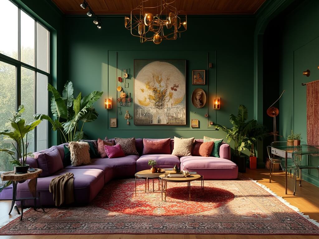"Luxurious, maximalist living room with emerald walls, purple velvet sofa, brass chandelier, vintage Persian rugs, gallery wall, large houseplants, sustainable teak coffee table, and a glass desk workspace in natural and artificial lighting"