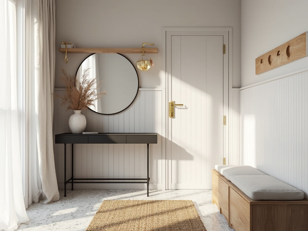 "Modern minimalist entryway featuring oak shelf, brass hooks and mirror, white shiplap accent wall, slim console table, terrazzo flooring, built-in shoe storage bench, and vintage brass wall sconce"