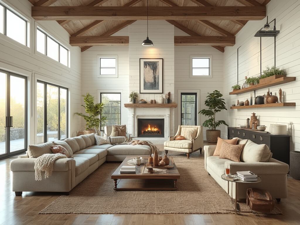 "Modern farmhouse living room with cathedral ceilings, floor-to-ceiling windows, white shiplap walls, linen sectional sofa, vintage pendant lights, and wooden decor accents."